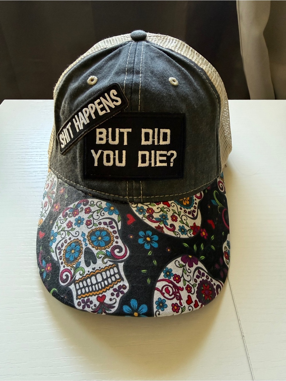 Sugar Skull Trucker Patch Hat Cap OS Mesh SnapBack Black Grey